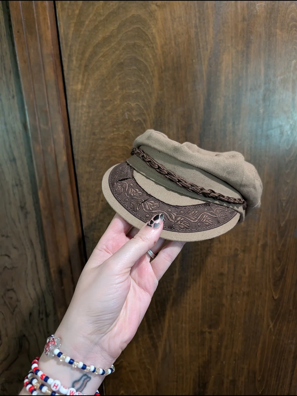 Women’s Tan Canvas Baker Boy Hat with Braided Trim